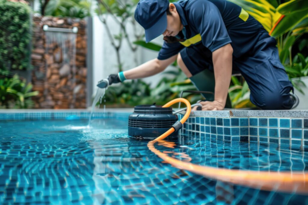 Swimming pool maintenance team member.